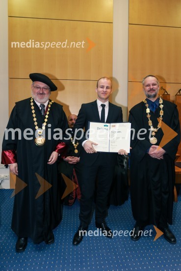 prof. dr. Igor Tičar, rektor, Univerza v Mariboru;  dr. Tine Konjedic, Fakulteta za elektrotehniko, računalništvo in informatiko; prof. dr. Borut  Žalik, dekan, Fakulteta za elektrotehniko, računalništvo in informatiko, Univerza v MariboruPromocija doktorjev znanosti UM, marec 2016