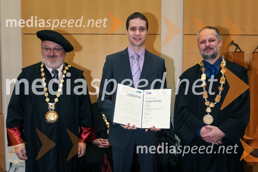 prof. dr. Igor Tičar, rektor, Univerza v Mariboru;  dr. Lucijan  Korošec, Fakulteta za elektrotehniko, računalništvo in informatiko, Univerza v Mariboru; prof. dr. Borut  Žalik, dekan, Fakulteta za elektrotehniko, računalništvo in informatiko, Univerza v MariboruPromocija doktorjev znanosti UM, marec 2016