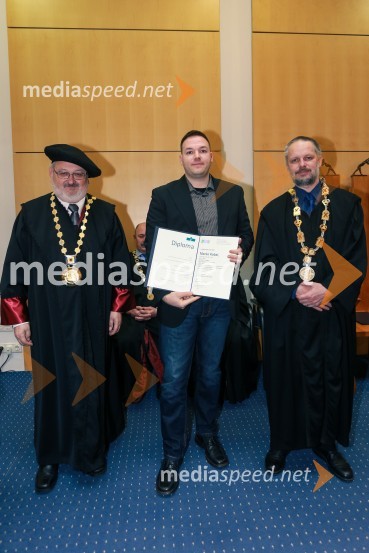 prof. dr. Igor Tičar, rektor, Univerza v Mariboru;  dr. Marko Kobal , Fakulteta za elektrotehniko, računalništvo in informatiko, univerza v Mariboru; prof. dr. Borut  Žalik, dekan, Fakulteta za elektrotehniko, računalništvo in informatiko, Univerza v MariboruPromocija doktorjev znanosti UM, marec 2016