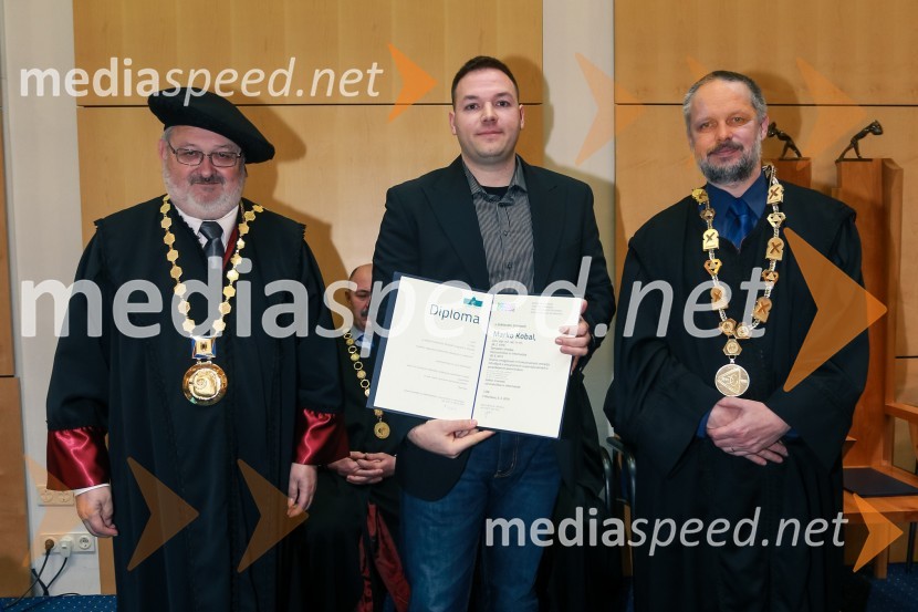 prof. dr. Igor Tičar, rektor, Univerza v Mariboru;  dr. Marko Kobal , Fakulteta za elektrotehniko, računalništvo in informatiko, univerza v Mariboru; prof. dr. Borut  Žalik, dekan, Fakulteta za elektrotehniko, računalništvo in informatiko, Univerza v MariboruPromocija doktorjev znanosti UM, marec 2016