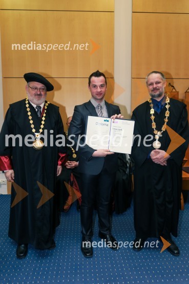 prof. dr. Igor Tičar, rektor, Univerza v Mariboru;  dr. Simon Jurič, Fakulteta za elektrotehniko, računalništvo in informatiko, Univerza v Mariboru; prof. dr. Borut  Žalik, dekan, Fakulteta za elektrotehniko, računalništvo in informatiko, Univerza v MariboruPromocija doktorjev znanosti UM, marec 2016