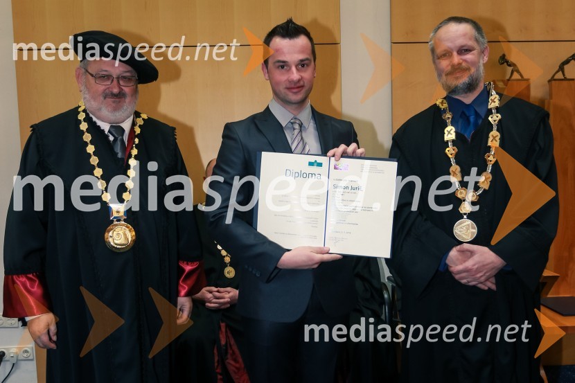 prof. dr. Igor Tičar, rektor, Univerza v Mariboru;  dr. Simon Jurič, Fakulteta za elektrotehniko, računalništvo in informatiko, Univerza v Mariboru; prof. dr. Borut  Žalik, dekan, Fakulteta za elektrotehniko, računalništvo in informatiko, Univerza v MariboruPromocija doktorjev znanosti UM, marec 2016