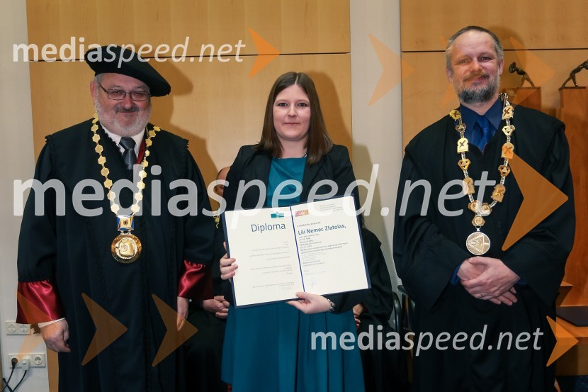 prof. dr. Igor Tičar, rektor, Univerza v Mariboru;  dr. Lili Nemec Zlatolas, Fakulteta za elektrotehniko, računalništvo in informatiko, Univerza v Mariboru; prof. dr. Borut  Žalik, dekan, Fakulteta za elektrotehniko, računalništvo in informatiko, Univerza v MariboruPromocija doktorjev znanosti UM, marec 2016