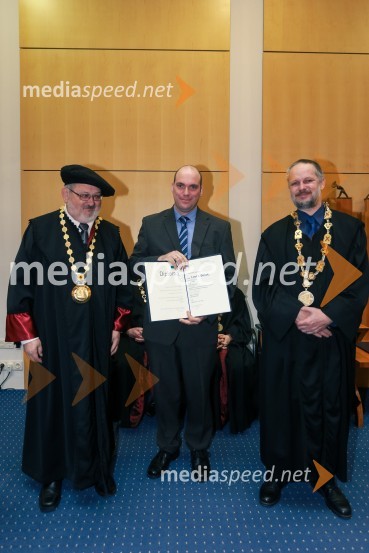 prof. dr. Igor Tičar, rektor, Univerza v Mariboru;  dr. Lovro Belak, Fakulteta za elektrotehniko, računalništvo in informatiko, Univerza v Mariboru; prof. dr. Borut  Žalik, dekan, Fakulteta za elektrotehniko, računalništvo in informatiko, Univerza v MariboruPromocija doktorjev znanosti UM, marec 2016