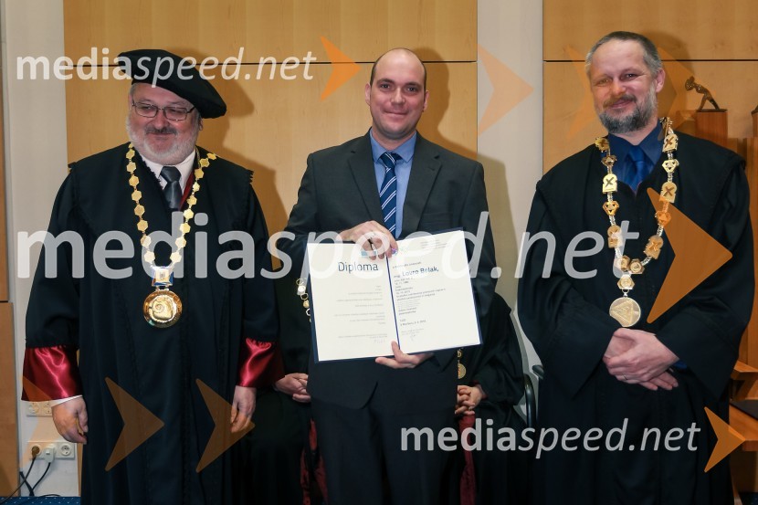 prof. dr. Igor Tičar, rektor, Univerza v Mariboru;  dr. Lovro Belak, Fakulteta za elektrotehniko, računalništvo in informatiko, Univerza v Mariboru; prof. dr. Borut  Žalik, dekan, Fakulteta za elektrotehniko, računalništvo in informatiko, Univerza v MariboruPromocija doktorjev znanosti UM, marec 2016