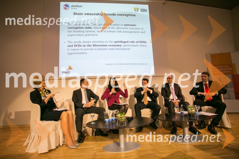  Nevenka Črešnar Pergar, lastnica in direktorica podjetja NP Consulting;  Enzo Smrekar, višji izvršni direktor in član uprave Droga Kolinska d.d., predsednik Smučarske zveze Slovenije;  Anja Strojin Štampar, članice uprave SDH; dr. Imre Balogh, glavni izvršni direktor DUTB;  Rob Irving, partner, Dentons;  Bojan Ivanc, CFA, CAIA, vodja analitske skupine SKEP GZSAmCham Poslovni zajtrk in AmCham Fokus: korporativno upravljanje državnih in zasebnih družb