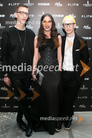  Matjaž Plošinjak, modni oblikovalec;  Ula  Furlan, igralka, voditeljica;  Eric Maj Potočnik, modni oblikovalecLjubljana fashion week 2016, 2. dan, obiskovalci