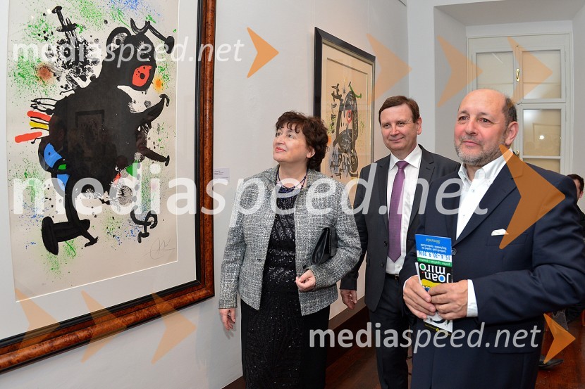 mag. Julijana Bizjak Mlakar, ministrica za kulturo; mag. Anton Balažek, župan občine Lendava; dr. Janez Balažic, umetnostni zgodovinarJoan Miró, otvoritev razstave grafik