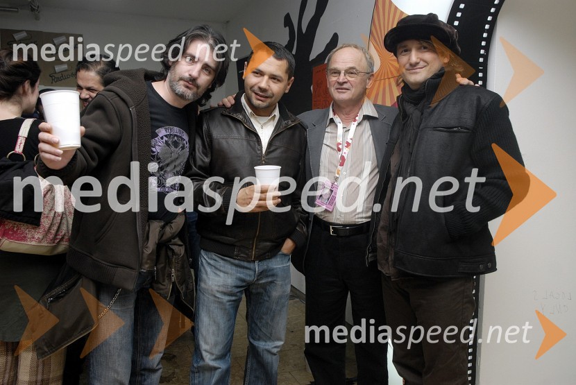 Davor Janjić, Vinko Grubišić, koproducent filma, Franci Zajc, producent filma in Saša LošićPremiera filma Petelinji zajtrk v Zagrebu