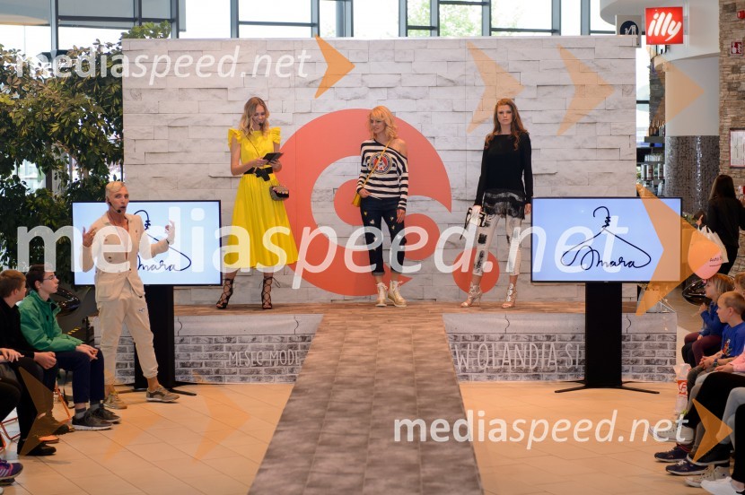   Igor  Jelen-Iggy, koreograf, lastnik plesnega centra Igen;  Tjaša  Kokalj Jerala, manekenka, voditeljica;  ... ;  Karin Škufca, manekenkaModna revija v Qlandii Novo Mesto