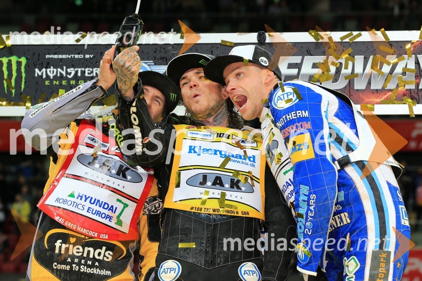  Greg  Hancock, speedwayist (ZDA);  Tai  Woffinden, speedwayist (Velika Britanija);  Matej Žagar, speedwayist (Slovenija)Žagar tretji v Varšavi