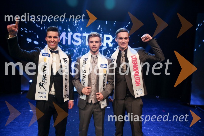  Klemen Zabukošek, Finalist Mister Slovenije 2016;  Tilen Grah, Mister Slovenije 2016;  Gregor Potrebuješ,  Finalist Mister Slovenije 2016 Mister Slovenije 2016 je Tilen Grah