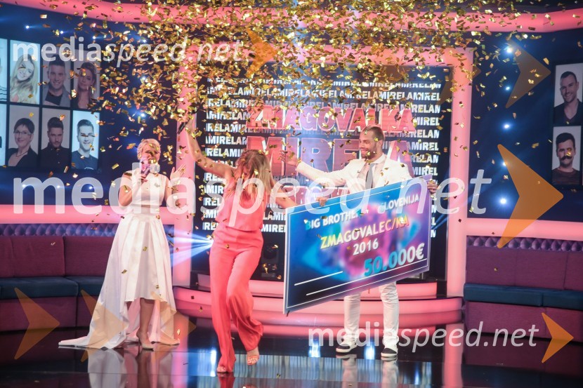  Manja Stević Plesnar, voditeljica, Big Brother;  Mirela Lapanović, udeleleženka šova Big Brother;  Emi Nikočević, nekdanji tekmovalec v resničnostnem šovu BarZmagovalka šova Big Brother 2016 je Mirela Lapanović