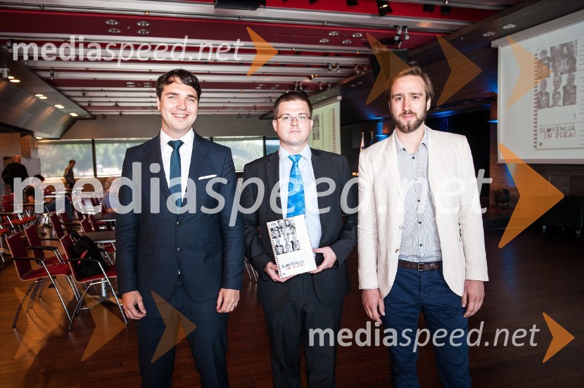  Marko Balažic, soavtor knjige Slovenija in pika!;  Boštjan Furlan, soavtor knjige Slovenija in Pika!;   Ožbej Peterle, soavtor knjige Slovenija in pika!Slovenija in pika, predstavitev knjige