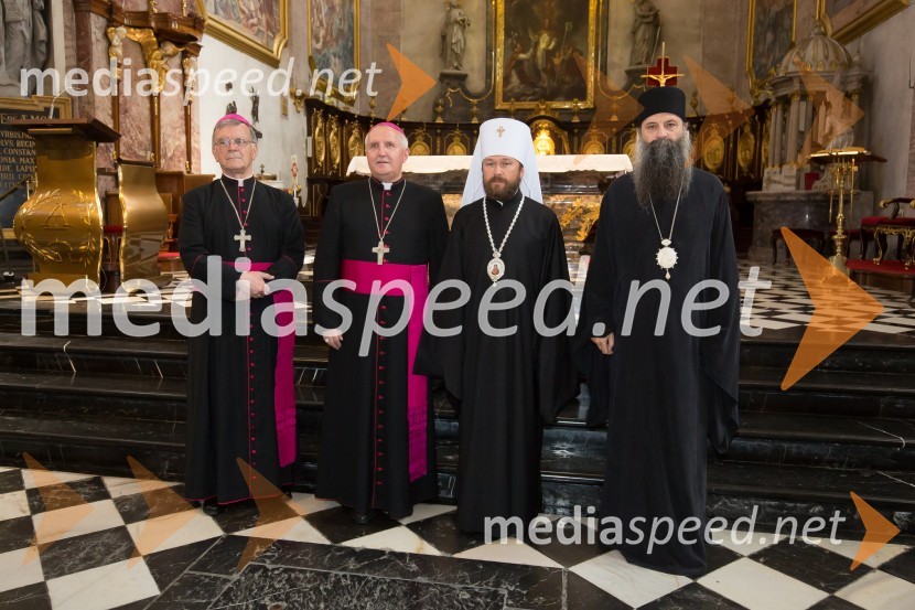 dr. Stanislav Lipovšek, celjski škof; msgr. Stanislav  Zore, ljubljanski nadškof, metropolit ;  Hilarion Alfeyev, Metropolit Volokolamskij Ilarion;  Porfirje Perić, metropolitEkumensko srečanje v Ljubljani