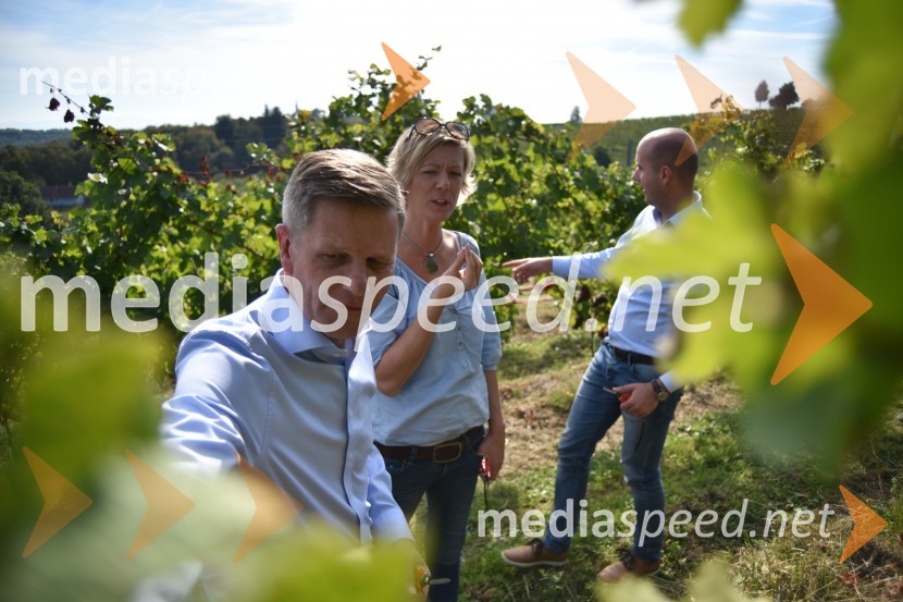 Jorn Pedersen, direktor skupine P&F Holding vino;  Tatjana Puklavec, direktorica P&F wineries B. V.;  Mitja Herga, direktor in glavni enolog kleti P&F JeruzalemZnani Slovenci na prvi trgatvi šipona, Jeruzalem Ormož
