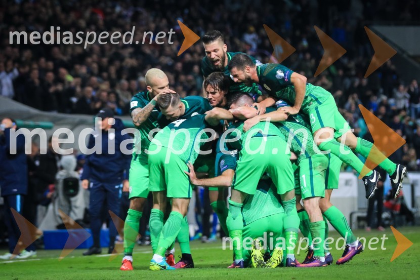 Veselje slovenskih nogometašev po zadetku.Nogometna tekma  Slovenija – Slovaška