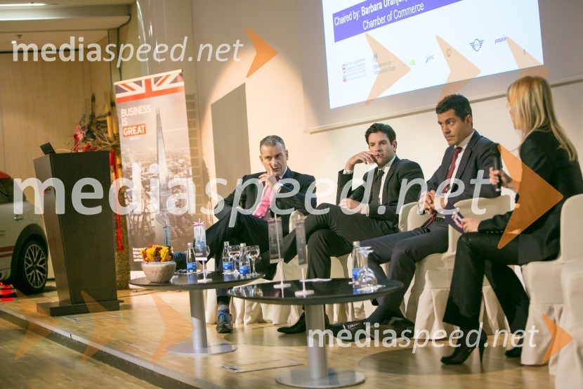  Andrew Hunt Vodopivec, Regional Export Manager at Intralighting;  Žiga Hieng, Member of Board at Salus, William Swan/Swan Golf Designs;  Luka Vesnaver, Partner at Ernst & Young;  Barbara Uranjek, CEO of British-Slovenian Chamber of CommerceSports Meets Business, poslovna konferenca
