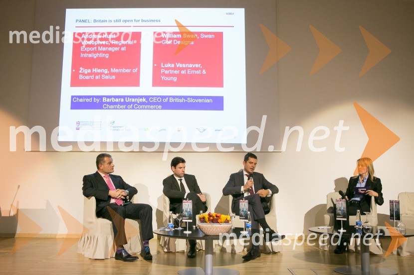  Andrew Hunt Vodopivec, Regional Export Manager at Intralighting;  Žiga Hieng, Member of Board at Salus, William Swan/Swan Golf Designs;  Luka Vesnaver, Partner at Ernst & Young;  Barbara Uranjek, CEO of British-Slovenian Chamber of CommerceSports Meets Business, poslovna konferenca