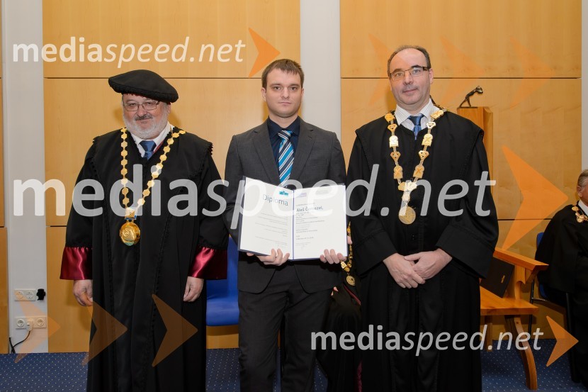 prof. dr. Igor Tičar, rektor, Univerza v Mariboru; dr. Aleš Černezel, Fakulteta za elektrotehniko, računalništvo in informatiko; red. prof. dr. Marjan Mernik, Fakulteta za elektrotehniko, računalništvo in informatikoPromocija doktorjev znanosti na UM, december 2016
