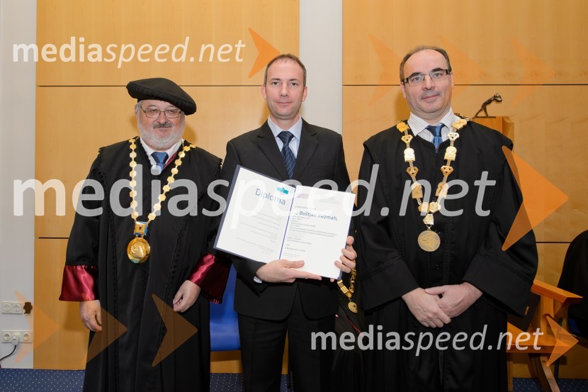 prof. dr. Igor Tičar, rektor, Univerza v Mariboru; dr. Boštjan Kežmah, Fakulteta za elektrotehniko, računalništvo in informatiko; red. prof. dr. Marjan Mernik, Fakulteta za elektrotehniko, računalništvo in informatikoPromocija doktorjev znanosti na UM, december 2016