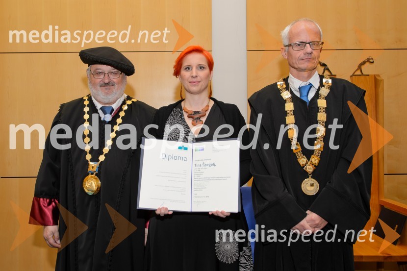 prof. dr. Igor Tičar, rektor, Univerza v Mariboru; dr. Tina Špegelj, Fakulteta za gradbeništvo, prometno inženirstvo in arhitekturo;  prof. dr. Miroslav  Premrov, Fakulteta za gradbeništvo, prometno inženirstvo in arhitekturo, Univerza v MariboruPromocija doktorjev znanosti na UM, december 2016