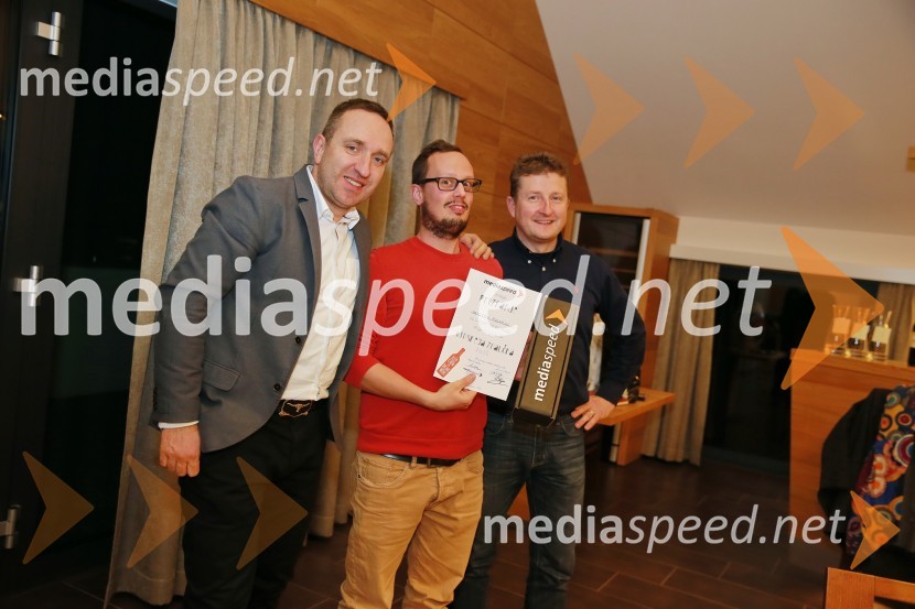  Borut  Cvetko, kreativni direktor Mediaspeed;  Matevž Pucer, fotograf;  Danilo Steyer,   vinar, Steyer Vina; vinski vitez, predsednik Vinske reprezentance SlovenijeMediaspeed 15. rojstni dan in ponovoletno druženje