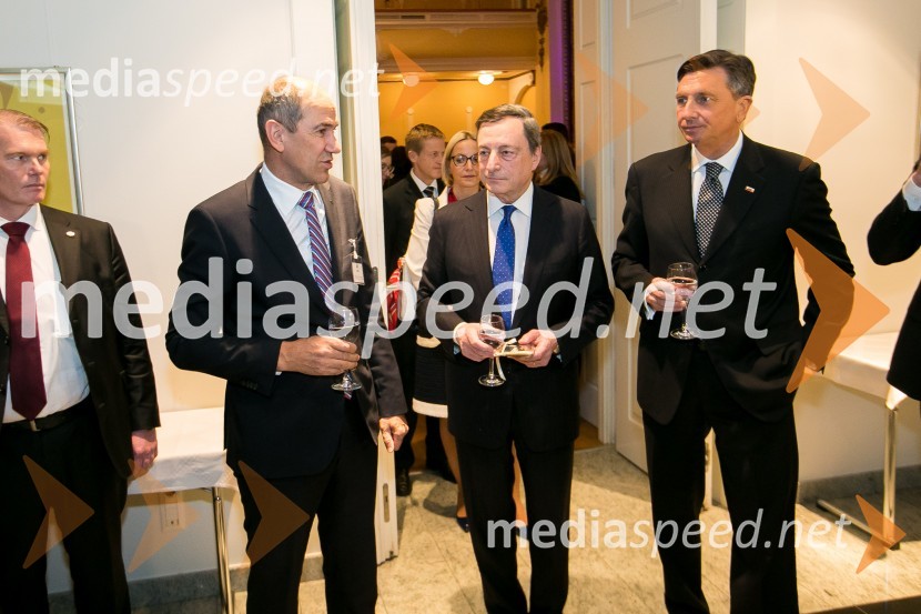  Janez Janša, predsednik SDS;  Mario Draghi, predsednik ECB;  Borut Pahor, predsednik Republike Slovenije10. obletnica uvedbe evra