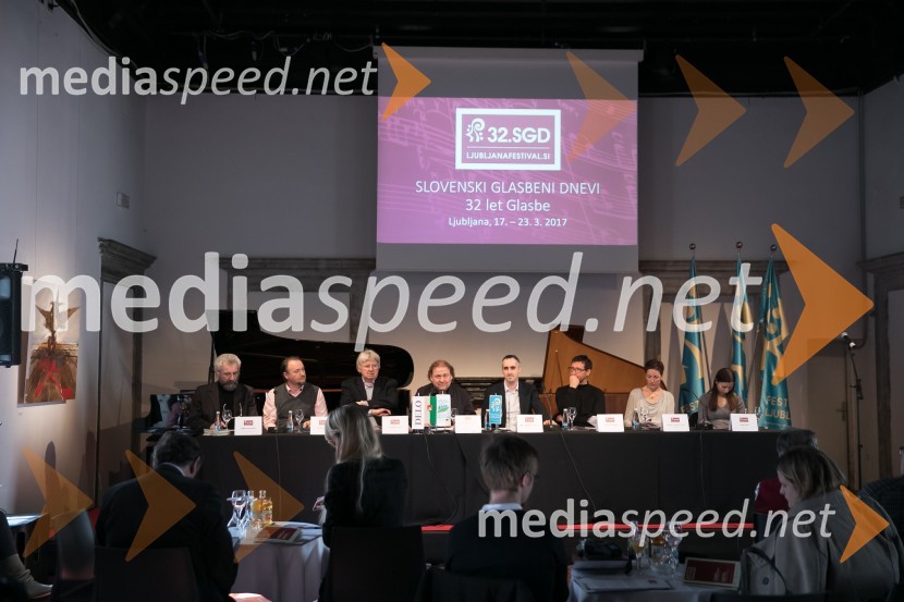  Romeo Drucker;  Patrik Greblo, dirigent;  Lovrenc Arnič, dirigent;  Darko  Brlek, direktor, Festival Ljubljana; prof. dr. Jernej Weiss, Akademija za glasbo, Univerza v Ljubljani;  Leon Stefanija;  Barbara Jernejčič Fürst;  Nina Šenk Kosem, skladateljicaFestival Ljubljana, 32. Slovenski glasbeni dnevi, predstavitev programa