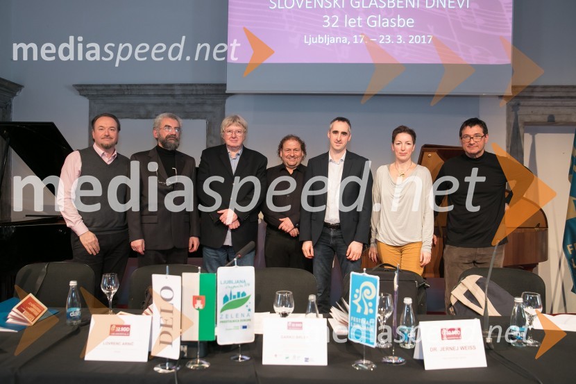  Patrik Greblo, dirigent;  Romeo Drucker;  Lovrenc Arnič, dirigent;  Darko  Brlek, direktor, Festival Ljubljana; prof. dr. Jernej Weiss, Akademija za glasbo, Univerza v Ljubljani;  Barbara Jernejčič Fürst;  Leon StefanijaFestival Ljubljana, 32. Slovenski glasbeni dnevi, predstavitev programa