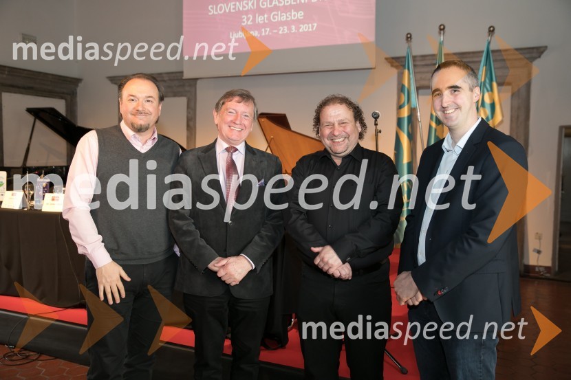  Patrik Greblo, dirigent;  Uroš Lajovic, dirigent;  Darko  Brlek, direktor, Festival Ljubljana; prof. dr. Jernej Weiss, Akademija za glasbo, Univerza v LjubljaniFestival Ljubljana, 32. Slovenski glasbeni dnevi, predstavitev programa