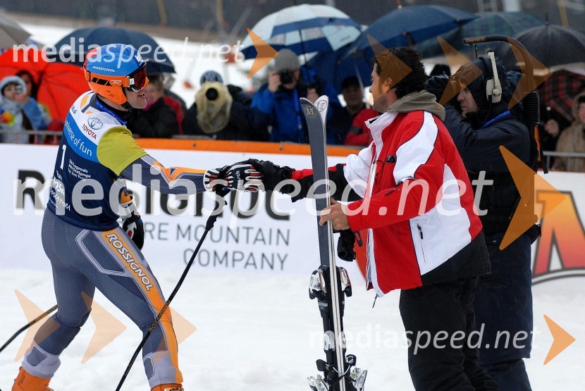 Jure Košir, nekdanji smučar in organizator tekmovanja in Alberto Tomba, nekdanji italijanski smučarSki Legends Hit Challenge 2008 - Tekmovanje smučarskih legend z Juretom Koširjem