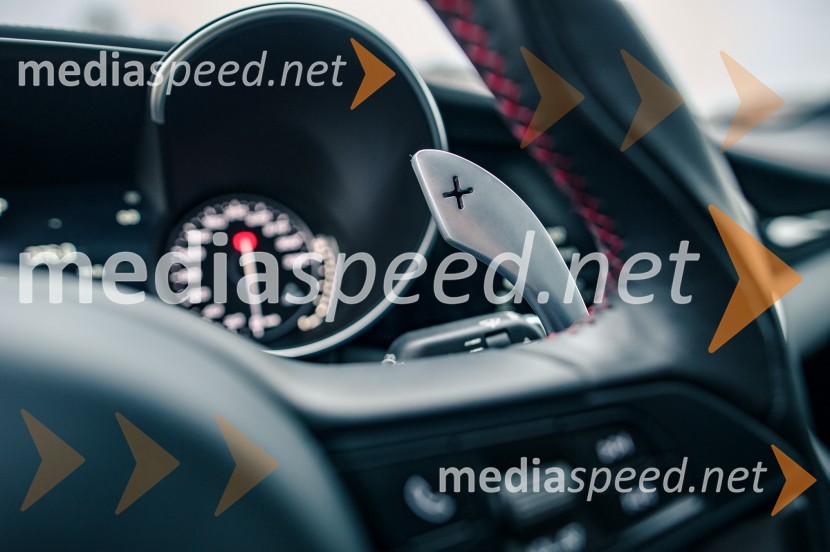 Alfa Romeo Giulia 2.9 V6 Bi-Turbo AUT Quadrifoglio, ročica menjalnika je velika in priročnaAlfa Romeo Giulia 2.9 V6 Bi-Turbo AUT Quadrifoglio, mediaspeed test