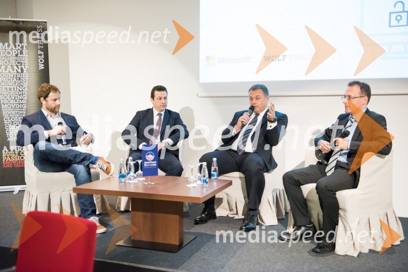  Jan  Bratanič, novinar, Svet kapitala;  Roland Marko, partner, Wolf Theiss;  Robert Trnovec, generalni direktor Microsoft Slovenija;  Oliver Currie, PwCUredba o varstvu podatkov, AmCham Fokus