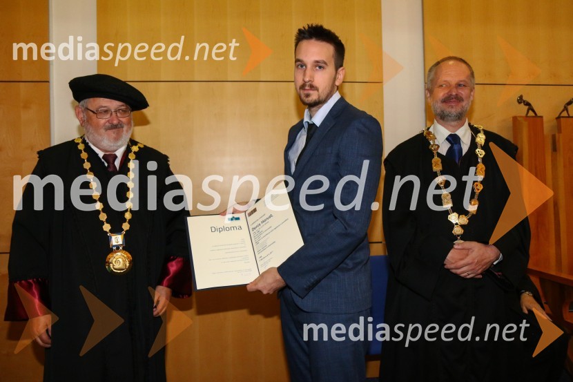 prof. dr. Igor Tičar, rektor, Univerza v Mariboru; dr. Denis Horvat, Fakulteta za elektrotehniko, računalništvo in informatiko, Univerza v Mariboru; prof. dr. Borut  Žalik, dekan, Fakulteta za elektrotehniko, računalništvo in informatiko, Univerza v MariboruPromocija doktorjev znanosti na UM, junij 2017