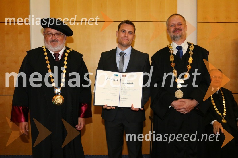 prof. dr. Igor Tičar, rektor, Univerza v Mariboru; dr. Miha Pavlinek, Fakulteta za elektrotehniko, računalništvo in informatiko, Univerza v Mariboru; prof. dr. Borut  Žalik, dekan, Fakulteta za elektrotehniko, računalništvo in informatiko, Univerza v MariboruPromocija doktorjev znanosti na UM, junij 2017
