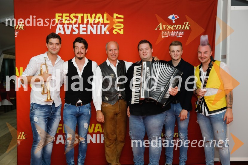  Nejc Tratnjek, Poskočni muzikanti;  Jože Kotnik, Poskočni Muzikanti;  Gregor Avsenik, glasbenik;  Martin Juhart, glasbenik, Poskočni muzikanti;  Lovro Sadek, glasbenik, Poskočni muzikanti;  Dejan Krajnc, glasbenik, Poskočni muzikantiFestival Avsenik 2017, nedelja