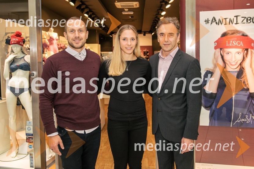  Jure Košir, nekdanji smučar;  Ana Bucik Jogan, smučarka;  Goran  Kodelja,  generalni direktor podjetja Lisca Ana Bucik, nova ambasadorka znamke Lisca
