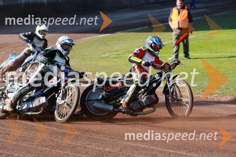 Nikola Pigac (SK Prelog), Fritz Wallner (Avstrija), Denis Štojs (ST Lendava)SPEEDWAY DP posameznikov 2008 1. dirka, Skupina A