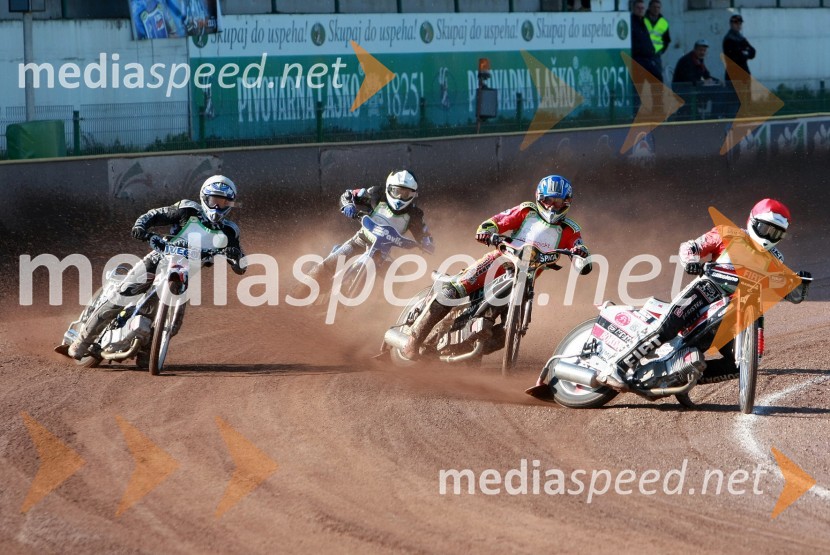 Fritz Wallner (Avstrija), Nikola Pigac (SK Prelog), Denis Štojs (ST Lendava), Jernej Kolenko (AMTK Ljubljana)SPEEDWAY DP posameznikov 2008 1. dirka, Skupina A