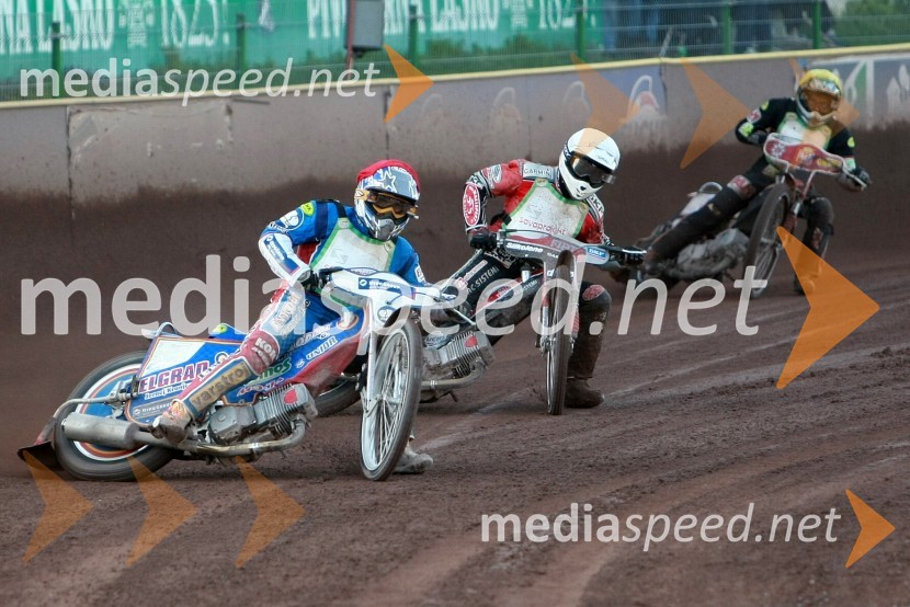 Izak Šantej (AMD Krško), Jernej Kolenko (AMTK Ljubljana), Manuel Hauzinger (Avstrija)SPEEDWAY DP posameznikov 2008 1. dirka, Skupina A
