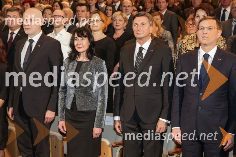 dr. Milan Brglez, predsednik Državnega zbora Republike Slovenije;  Tanja Pečar, odvetnica;  Borut Pahor, predsednik Republike Slovenije; prof. dr. Miro Cerar, predsednik Vlade Republike SlovenijeDržavna proslava ob dnevu samostojnosti in enotnosti