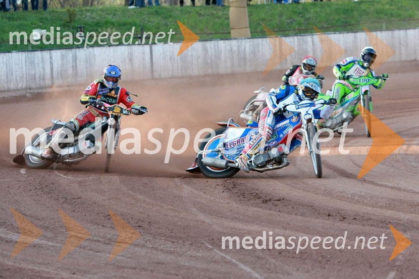 Denis Štojs (ST Lendava), Izak Šantej (AMD Krško), Manuel Hauzinger (Avstrija) in Maks Gregorič (AMTK Ljubljana)SPEEDWAY DP posameznikov 2008 2. dirka, Skupina A