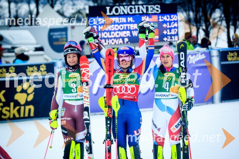  Frida Hansdotter, smučarka (Švedska);  Mikaela Shiffrin, smučarka (ZDA);  Wendy Holdener, smučarka (Švica)54. Zlata lisica, slalom