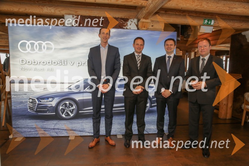  ... ;  Franci Bolta, direktor znamke Audi pri podjetju Porsche Slovenija d.o.o.; dr. Matjaž Korman, vodja razvoja konceptnih vozil in inovacij pri koncernu Audi AG;  Samo Pagon, vodja marketinga znamke Audi pri podjetju Porsche Slovenija d.o.o.Audi A8, slovenska predstavitev