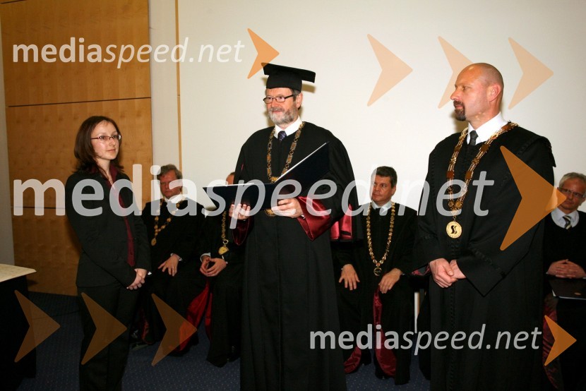 Dr. Simona Vajnhandl, prof. dr. Ivan Rozman, rektor Univerze v Mariboru in prof. dr. Niko Samec, dekan Fakultete za strojništvo UMPromocija doktorjev znanosti Univerze v Mariboru, april 2008