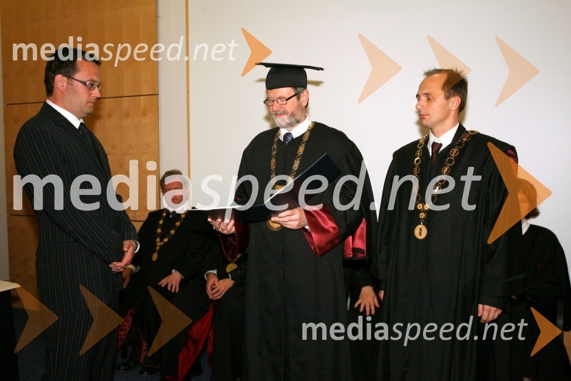 Dr. Aleš Kobal, prof. dr. Ivan Rozman, rektor Univerze v Mariboru in   prof. dr. Rajko Knez, dekan Pravne fakultete UMPromocija doktorjev znanosti Univerze v Mariboru, april 2008