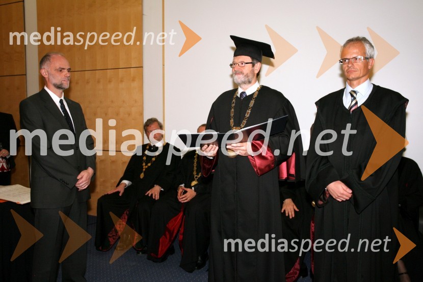 Dr. Borut Macuh, prof. dr. Ivan Rozman, rektor Univerze v Mariboru in prof. dr. Miroslav Premrov, Fakulteta za gradbeništvo UMPromocija doktorjev znanosti Univerze v Mariboru, april 2008