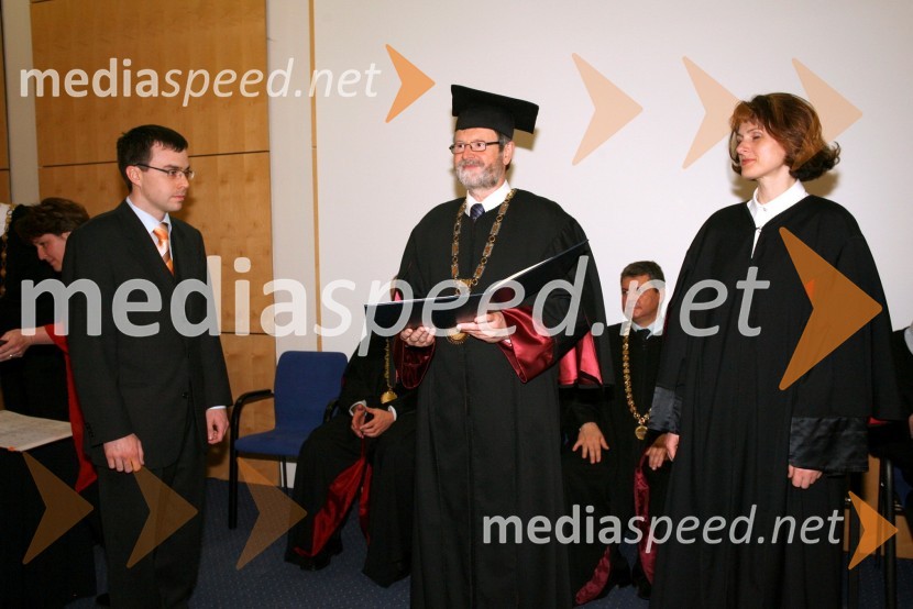 Dr. Matjaž Kovše, prof. dr. Ivan Rozman, rektor Univerze v Mariboru in prof. dr. Nataša Vaupotič, dekanica Fakultete za naravoslovje in matematikoPromocija doktorjev znanosti Univerze v Mariboru, april 2008