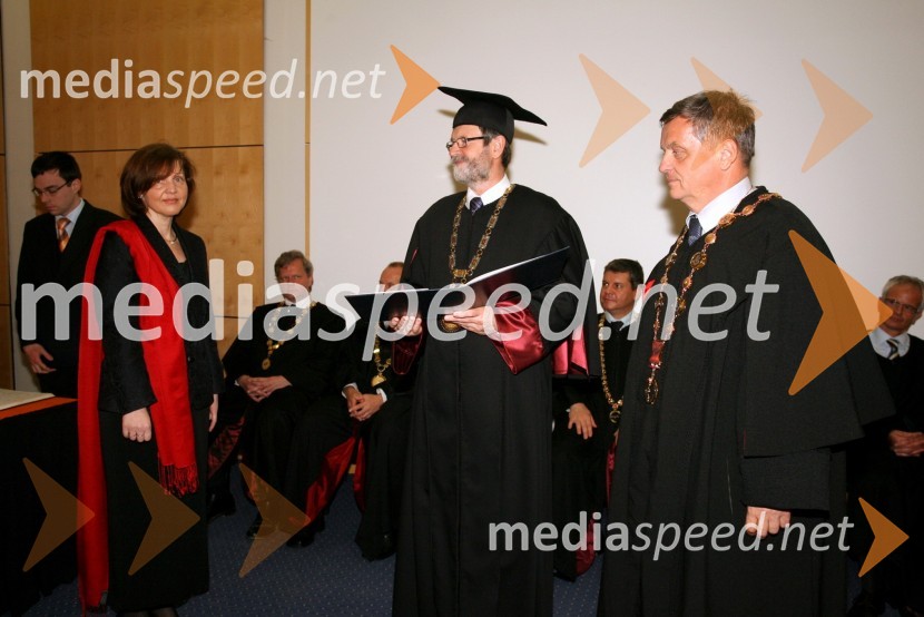 Dr. Tanja Hojs Fabjan, prof. dr. Ivan Rozman, rektor Univerze v Mariboru in prof. dr. Ivan Krajnc, dekan Medicinske fakultete UMPromocija doktorjev znanosti Univerze v Mariboru, april 2008
